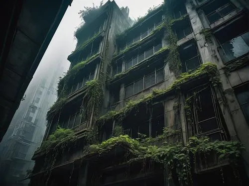 overgrowth,kowloon city,hashima,apartment block,abandoned place,overgrown,shaoming,apartment building,apartment house,lostplace,ecotopia,hanging houses,undercity,lost place,abandoned places,block balcony,urban landscape,inhabitable,balconies,dereliction,Illustration,Retro,Retro 03