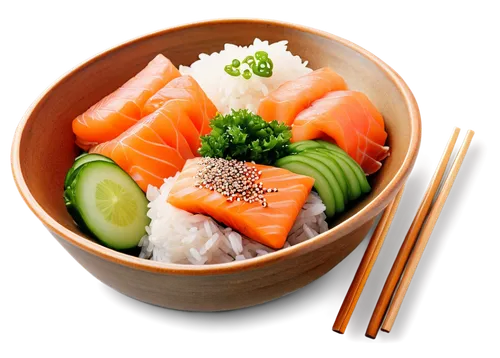 Japanese rice bowl, steaming hot, white rice, various toppings, raw salmon sashimi, pickled ginger, green onions, sesame seeds, wooden chopsticks, ceramic bowl, traditional Japanese table setting, sha