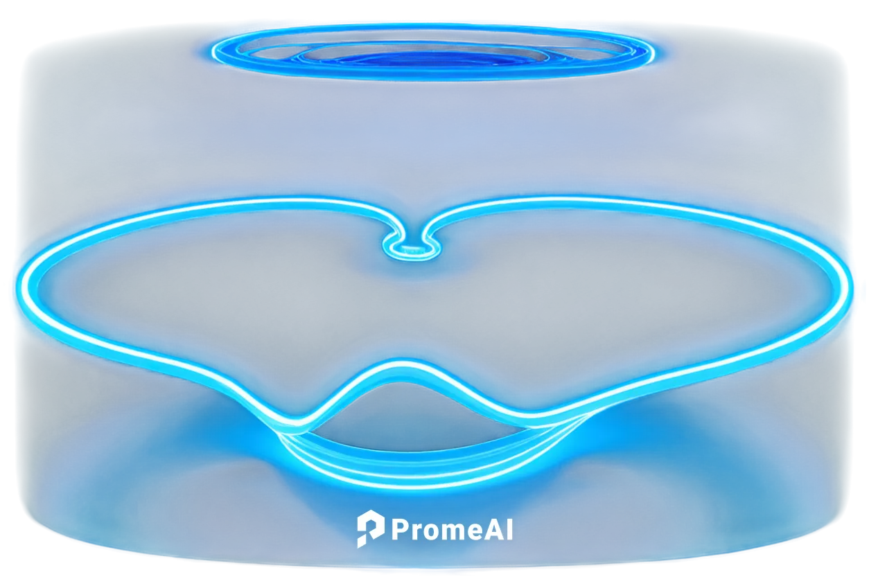 Electromagnetic radiation, radio frequency, waveform pattern, vibrant blue glow, oscillating lines, circular motion, 3D visualization, futuristic design, neon lights, metallic surface, reflective mate