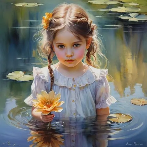 heatherley,waterlily,pond flower,water lily,mystical portrait of a girl,girl picking flowers,Illustration,Paper based,Paper Based 11