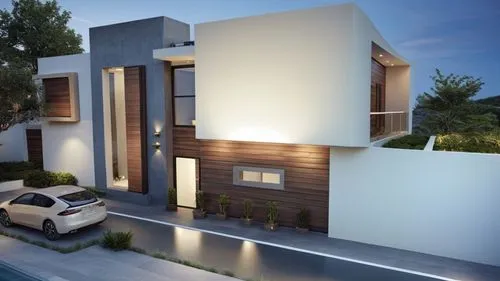 sustituir la madera por piedra natural haciendo todos los materiales mas realistas,a modern residence in the middle of town,modern house,residencial,3d rendering,residential house,duplexes,modern arch