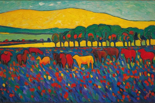 cows on pasture,cow meadow,farm landscape,pasture,poppy fields,flowers field,cultivated field,poppy field,flower field,cornflower field,fruit fields,field of flowers,field of poppies,meadow landscape,fields,agricultural,vegetable field,salt meadow landscape,rural landscape,galloway cows,Art,Artistic Painting,Artistic Painting 36