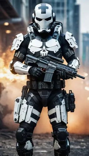 a cyborg commando wearing camouflage black pixel pattern mechanical body armour and sci-fi commando white Punisher helmet pattern, carrying a very futuristic modern heavy tactical blaster gun,war mach