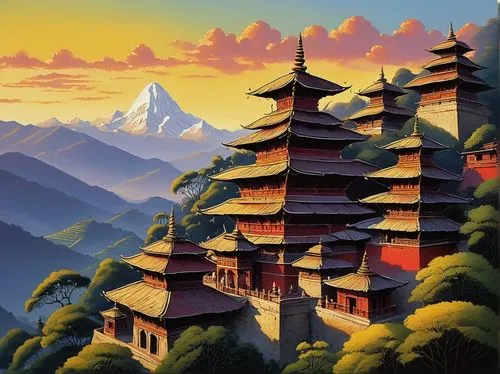 asian architecture,pagodas,japan landscape,jinchuan,japanese mountains,mountain scene,mountain landscape,nepal,kyoto,tianxia,wenchuan,world digital painting,chuseok,xiangshan,oriental,asia,travel poster,dazhong,katmandu,golden pavilion,Illustration,Vector,Vector 09