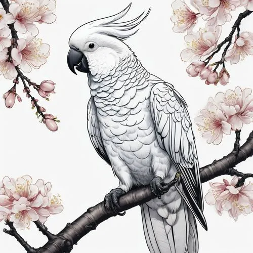 kagu,flower and bird illustration,tsuru,rose-breasted cockatoo,japanese floral background,chidori is the cherry blossoms,Illustration,Black and White,Black and White 08