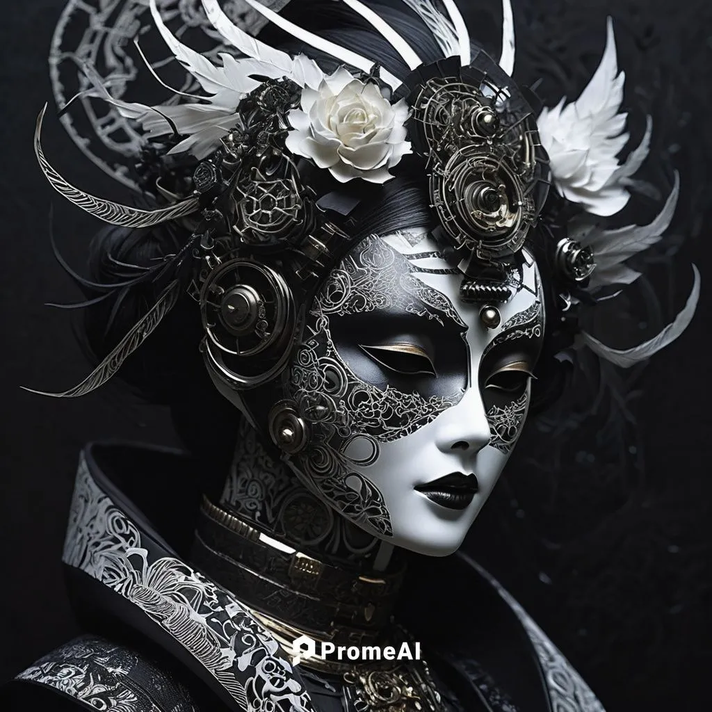 (impressionist white ink on black paper:1.2), fusion of geisha, shaman, voodoo, and biomorph elements, (intricate mechanical parts:1.1), biopunk mask with intricate designs, Japanpunk aesthetic, black