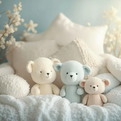 Soft baby blue hues, calming atmosphere, gentle rounded shapes, creamy whites, warm beige tones, natural textures, cozy nurseries, adorable stuffed animals, fluffy cloud-like formations, whimsical ill