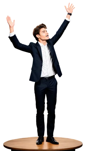 Microphone, stage, spotlight, speaker, dynamic pose, arms raised, passionate facial expression, detailed wrinkles, messy hair, formal wear, black suit, white shirt, tie, shiny shoes, wooden podium, bl