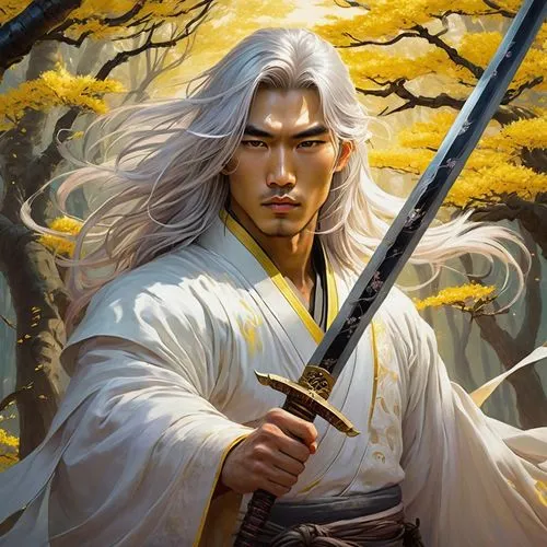 handsome asian young man with long silver hair, yellow glowing eyes eyes, white and golden robes, two swords, fantasy sakura forest, he is maditating,glorfindel,toshiie,mitsuhide,rongfeng,seregil,finr