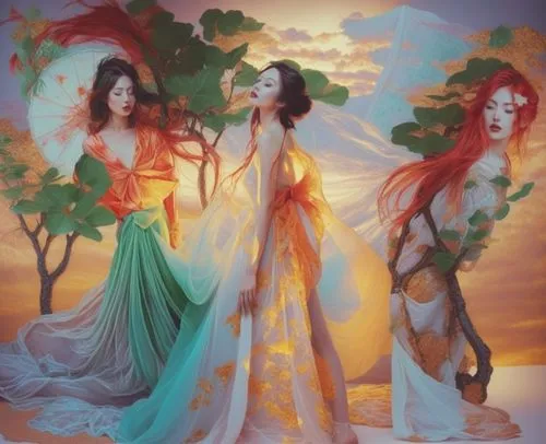 rhinemaidens,priestesses,the three graces,dryads,maenads,muses,Illustration,Paper based,Paper Based 20