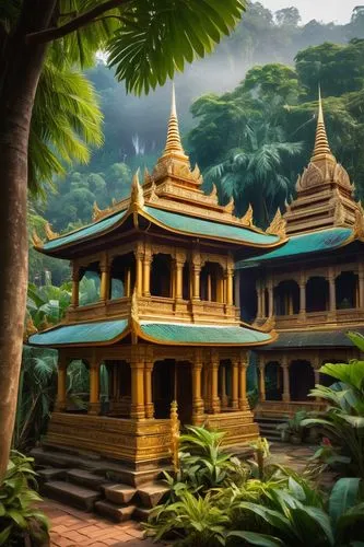 Traditional Laotian architecture, intricate wooden carvings, golden decorations, tiered roofs, Buddhist temple, ornate stupas, vibrant colors, lanterns, incense sticks, Buddha statues, serene atmosphe