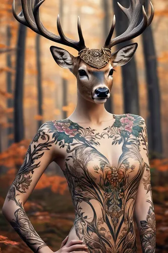 A majestic deer tattoo in a serene forest scene.,dotted deer,male deer,fawn,deer,fawns,faun,deers,whitetail,winter deer,european deer,antler velvet,deer antlers,young-deer,deer in tears,buck antlers,f