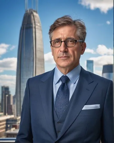 Middle-aged, mature man, suit, tie, glasses, short brown hair, stubble, confident facial expression, standing, hands behind back, skyscraper, modern cityscape, sunny day, blue sky, few white clouds, p