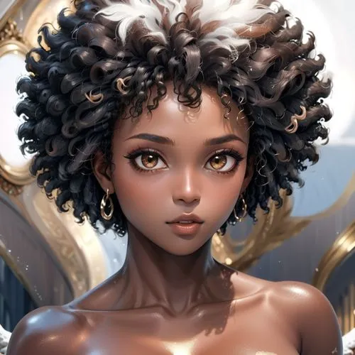 sexy, dark skin, big boobs, Khoudia Diop, big kinky afro hair, nude, inside hotel rool, angel's breath decoration on hair,brown eyes, very dark skin,a drawing of a women with curls on top of her hair,