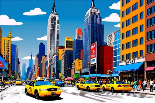 world digital painting,city scape,newyork,new york,cityscapes,cartoon video game background,colorful city,manhattan,big apple,new york streets,new york skyline,new york taxi,megapolis,nyclu,skylines,taxicabs,chrysler building,cityview,background vector,nycz,Illustration,Vector,Vector 17