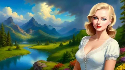 Romantic masterpiece oil painting, beautiful slim busty woman portrait, nostalgic 1950's style kitsch, standing in front of a breathtaking beautiful epic vast landscape, majestic vibrant lush wilderne