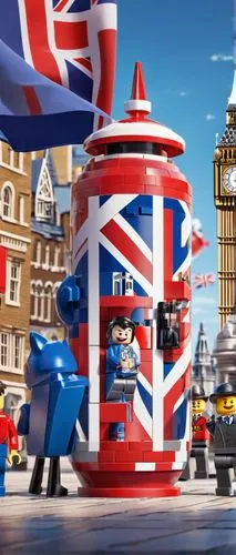 London cityscape, Lego-style buildings, bright colors, intricate details, iconic landmarks, Big Ben clock tower, London Eye Ferris wheel, red phone booths, double-decker buses, Union Jack flags, pedes