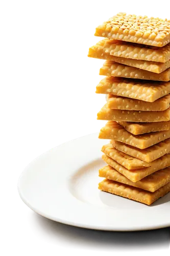 Golden biscuit crackers, stack of 5, crispy texture, scattered sesame seeds, square shape, white plate, afternoon sunlight, shallow depth of field, soft focus, warm color tone, 3/4 composition.,parmes