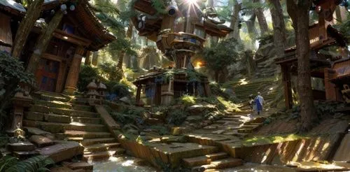 fairy village,house in the forest,mountain settlement,wooden path,elves flight,tree house,3d fantasy,treehouse,labyrinth,druid grove,elven forest,tree house hotel,forest path,hobbiton,fantasy landscape,fairy forest,greenforest,lost place,forest glade,enchanted forest