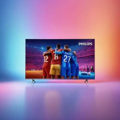 A photographic realistic of  PHILIPS TV WITH QLED EFFECT ON THE BACKGROUND,a tv on a colorful wall with soccer players,philips,philipse,philpins,plasma tv,philsports,multiplus,Photography,General,Real