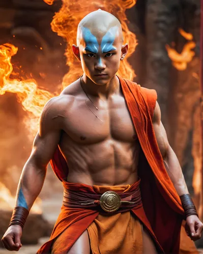 avatar aang, shirtless wellbuid male with blond hairs, the last airbender, in the style of furaffinity, orange robes, red, #vfxfriday, massurrealism, explosive pigmentation, spiritualcore, cinematic l