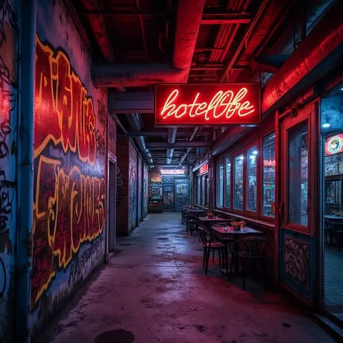 Vibrant neon signs, bold graffiti murals, eclectic architectural facades, distressed textures, exposed ductwork, industrial metal beams, reclaimed wood accents, bright LED lighting, stark shadows, hig