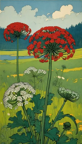 yarrow,achillea millefolium,flower painting,field flowers,flowers of the field,illustration of the flowers,david bates,flowers field,apiaceae,coquelicot,opium poppies,flower field,red poppies,khokhloma painting,klatschmohn,verbena family,papaver,verbena,flora,red flowers,Illustration,Retro,Retro 11