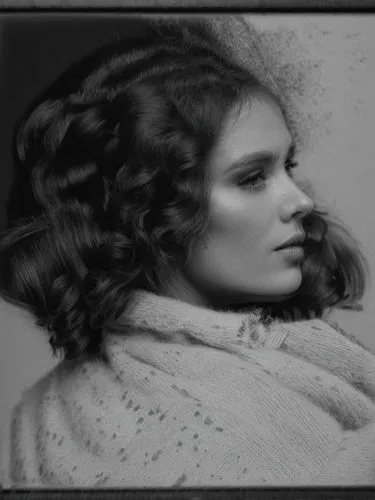 Black and white photo portrait of a lady, very close up.,a close up view of a woman wearing a sweater,vintage woman,vintage female portrait,demarchelier,latynina,ringlets,edwige,Photography,Black and 