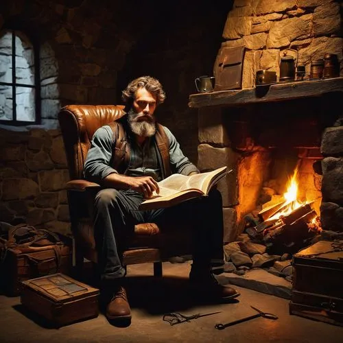 Muscular man, rugged beard, messy hair, cave interior, dimly lit, stone walls, wooden crate, vintage lantern, rusty tools, leather-bound book, old map, wooden desk, worn-out armchair, fireplace, burni