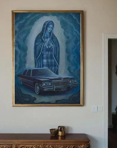 the little painting hangs on the wall in Los Angeles,corvair,interior decor,the annunciation,annunciation,eggleston,automobilia,mother mary,wall decor,nytphotos,bohemian art,mousseau,chicanas,chicanos