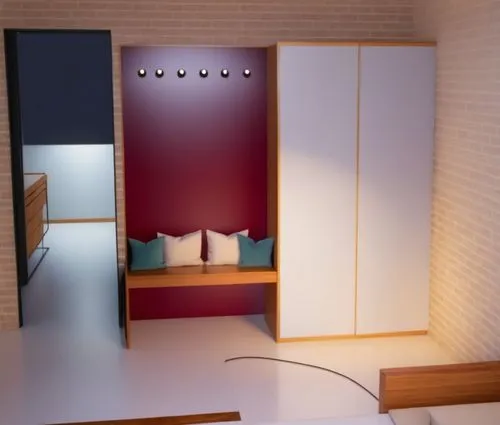 a room with red and white walls, a desk, couch, cabinet and television,schrank,minibar,modern room,guestrooms,walk-in closet,gaggenau,Photography,General,Realistic