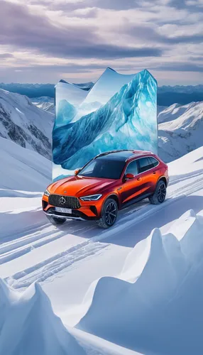 Craft a dreamy setting where a vehicle conquers snowy mountains.,3d car wallpaper,alpine style,bmw concept x6 activehybrid,ice racing,avalanche protection,alpine drive,ice landscape,ice wall,mercedes 