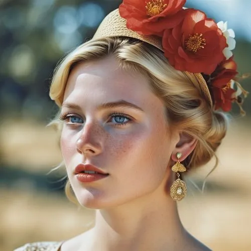 Close-up portrait of a young woman with striking features, displaying a thoughtful or introspective expression. Her face is highlighted by bright blue eyes, red lipstick, and delicate freckles dusting