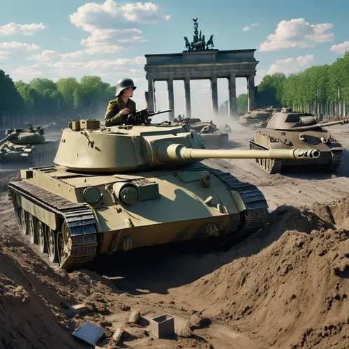 A gorgeous female Volkssturm soldier with German Stahlhelm has a mid-sand-yellow Panzerfast in her hands, laying in a bomb crater, aiming to a Rusian green T-34 Tank  rolling in the vicinity of the Be