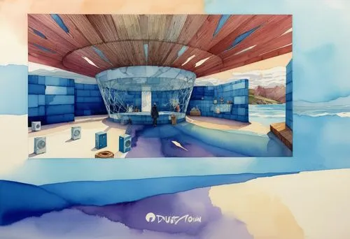 a painting of an indoor facility in a blue sky with some clouds,aqua studio,therme,oceanarium,oceanair,watercolor background,oceanica,Illustration,Paper based,Paper Based 07