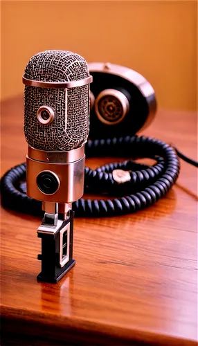 Stamp, audio equipment, metal body, circular shape, buttons and knobs, retro style, vintage aesthetic, microphone on top, coiled cord, wooden table, dim lighting, shallow depth of field, warm color to