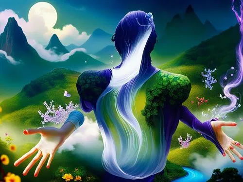 the woman is walking in the grass near mountains,sylphs,the enchantress,alfheim,fantasy picture,silmarillion,patronus,Illustration,Abstract Fantasy,Abstract Fantasy 01