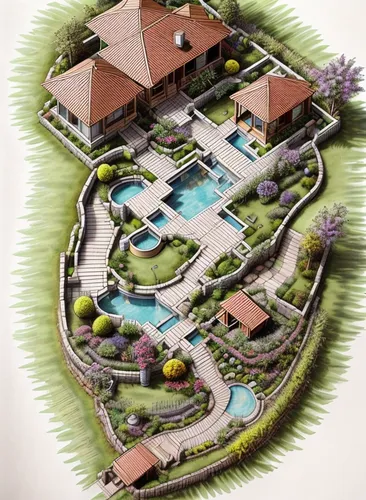 Gardening plan with single wooden house ,Small area, only one stone pond, cherry trees , blue print drawing, water colour printed paper. Technical dimensions and caution , boundary with materials list