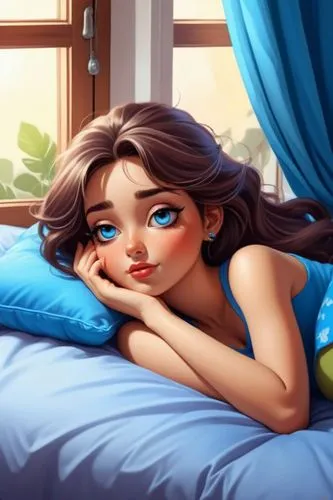 lying prone on the bed, looking through the window, cartoon style,a girl in blue sleeping in the bed with her hands on her cheek,girl in bed,cute cartoon image,woman on bed,gothel,megara,blue pillow