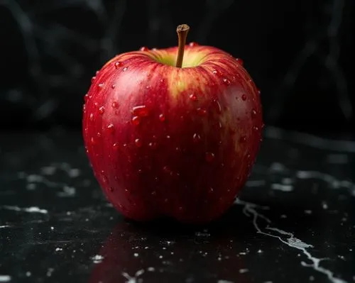 On black marble, with water droplets,apple,an apple with water droplets on it is sitting in front of a black background,red apple,ripe apple,piece of apple,manzana,half of an apple,rotten apple,Photog