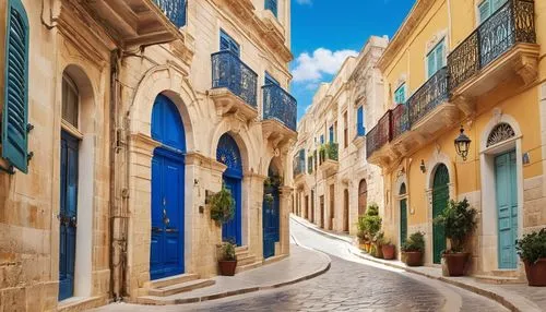 Malta, Mediterranean architecture, historic city, narrow streets, Baroque style buildings, grand entrance, ornate decorations, arched windows, balconies with iron railings, stone paved roads, vibrant 