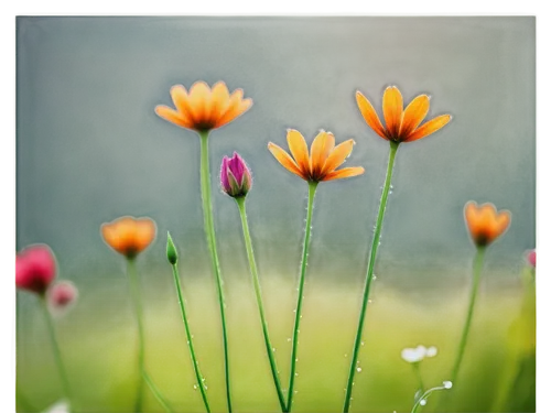 Wild flowers, colorful petals, delicate shapes, green stems, soft focus, morning dew, natural light, shallow depth of field, warm color tone, 3/4 composition, close-up shot, gentle breeze, realistic t