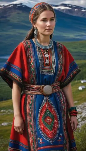 The image shows a young and beautiful Sami woman in a traditional folk dress. Her face exudes a natural beauty, with high cheekbones, clear blue eyes and long, dark hair falling over her shoulder in a