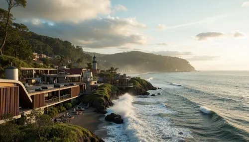 Wave-crashing coastline, salty sea air, rustic wooden docks, fishing nets, sailboats, lighthouses, futuristic workshop buildings, corrugated metal fa\u00e7ades, angular lines, minimalist design, susta