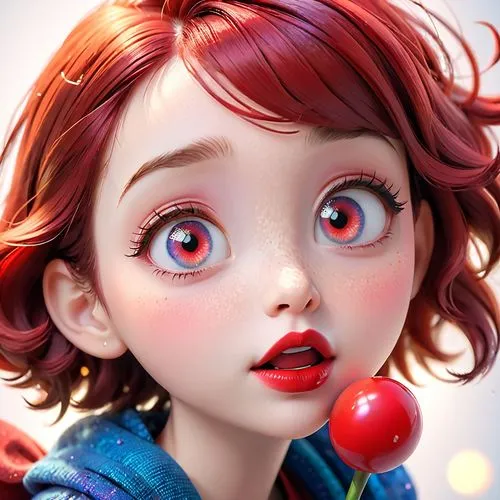 redhead doll,clementine,doll's facial features,cute cartoon character,painter doll,artist doll,female doll,red apple,laika,agnes,tumbling doll,girl doll,marionette,cherry,acerola,illustrator,nora,doll's head,children's eyes,big eyes,Anime,Anime,Cartoon