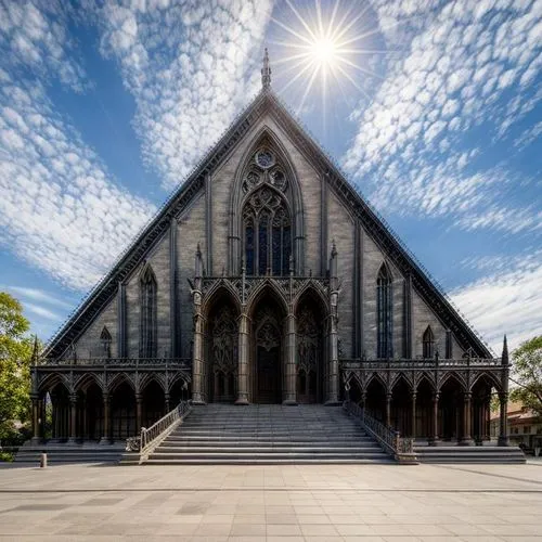 the sun is shining over a tall church building,gothic church,st mary's cathedral,nidaros cathedral,christ chapel,bendigo,christchurch,Architecture,Commercial Building,European Traditional,Spanish Goth