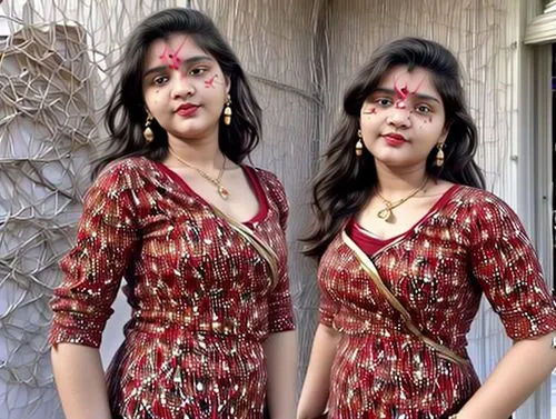 two beautiful young women with matching dresses standing next to each other,lavani,byomkesh,bhanwari,bhansali,bhojpuri,sindhi