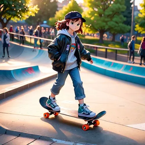 japanese style, manga, realistic,girl,skate park,a  riding her skateboard in an skate park,skater,skating,rollerskating,woman free skating,roll skates,rollergirl,Anime,Anime,Cartoon