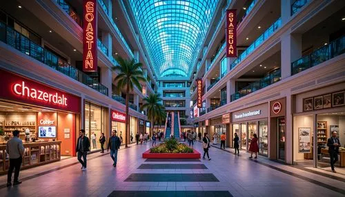 Vibrant shopping mall, bustling atmosphere, neon signage, sleek modern architecture, glass ceilings, polished marble floors, escalators, elevators, trendy fashion stores, lifestyle brands, gourmet res