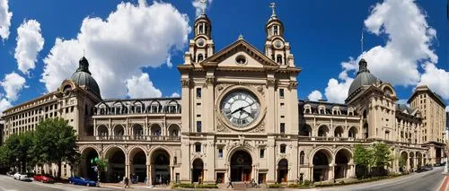 Atlanta, GA, Hurt Building, historic landmark, Beaux-Arts style, grandiose entrance, ornate details, marble columns, intricate stone carvings, symmetrical façade, clock tower, domed roof, stained glas